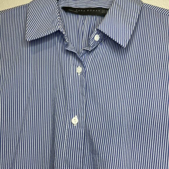 ZARA Woman Blue and White Striped Button Down Blouse with Tassels Size XS - Picture 3 of 8